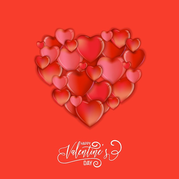 Coeurs colorés 3d pour la conception de lettrage dessiné à la main Happy Valentines Day, illustration vectorielle de carte d'amour, flyer ou affiche de fête de mariage