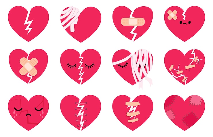 Vecteur coeurs tristes brisés avec des larmes, des fissures, des bandages d'aide et des points de suture. ensemble de vecteurs de caractères de symbole de rupture de coeur, de divorce et de rupture de relation