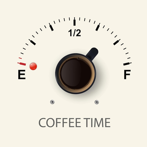 Vecteur coffee time vector 3d tasse noire réaliste avec café noir et jauge de carburant sur fond blanc bannière de concept avec tasse à café et phrase sur le modèle de conception de café vue de dessus