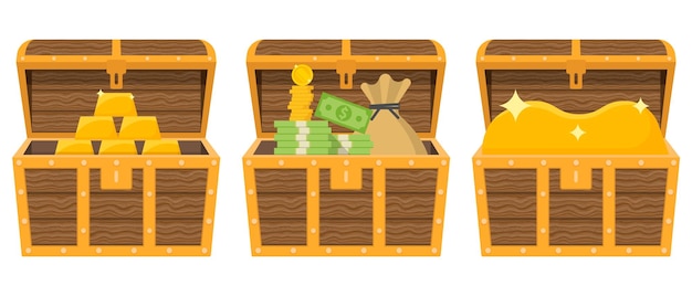 Vecteur coffres au trésor de dessin animé tas d'argent et un sac de pièces concept de richesse icône de lingots d'or illustration vectorielle