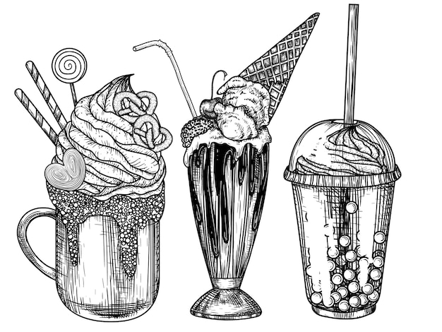 Coffret De 3 Boissons D'été 2 Milkshakes Et Un Bubble Tea Style Gravure