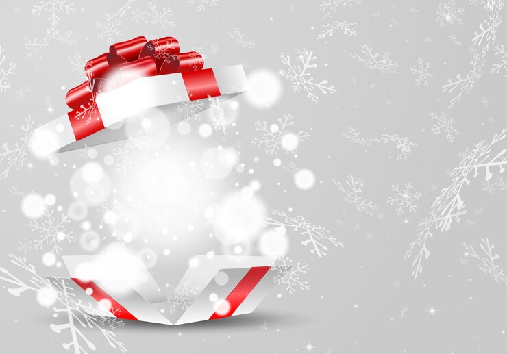 Vecteur coffret blanc ouvert avec arc rouge et lumières sur fond de flocon de neige