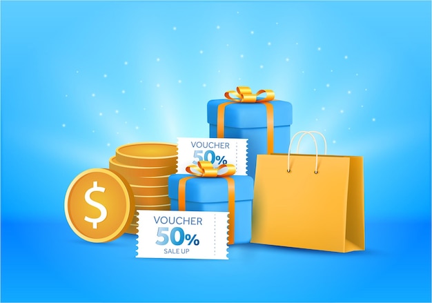 Coffret Cadeau 3d Avec Coupons Pièces De Monnaie Et Concept De Chariot De Sac Boîtes Cadeaux Sacs à Provisions