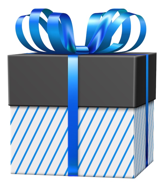 Coffret cadeau noir festif. Papier d'emballage à rayures bleues réalistes avec noeud décoratif isolé sur fond blanc