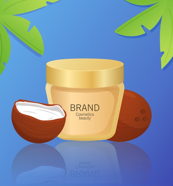 Vecteur coffret cosmétique crème hydratante à l'huile de coco lotion corporelle au lait de coco bio