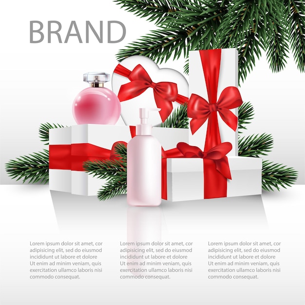 Coffrets Cadeaux De Branches D'arbres De Noël Avec Des Produits De Beauté D'arcs Rouges Le Concept De Cadeau De Beauté Festif