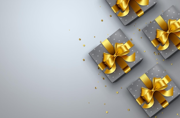 Coffrets cadeaux design de fond vectoriel Cadeaux avec ruban d'or et éléments élégants de confettis