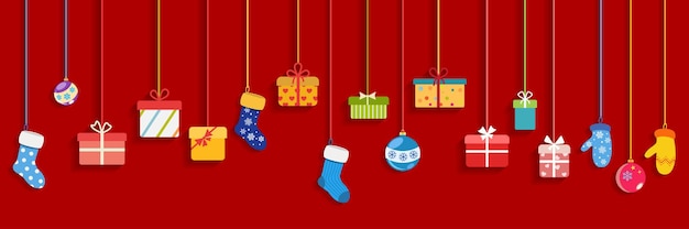 Vecteur coffrets cadeaux suspendus multicolores, chaussettes, mitaines et boules de noël sur fond rouge