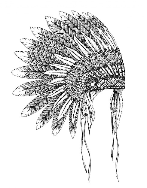 Coiffe Indienne Amérindienne Avec Des Plumes Dans Un Style De Croquis.