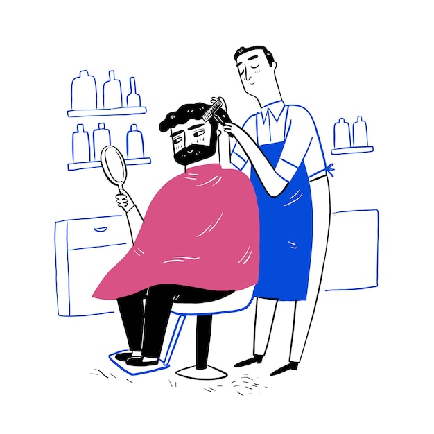 Vecteur coiffeur avec client dans un salon de coiffure