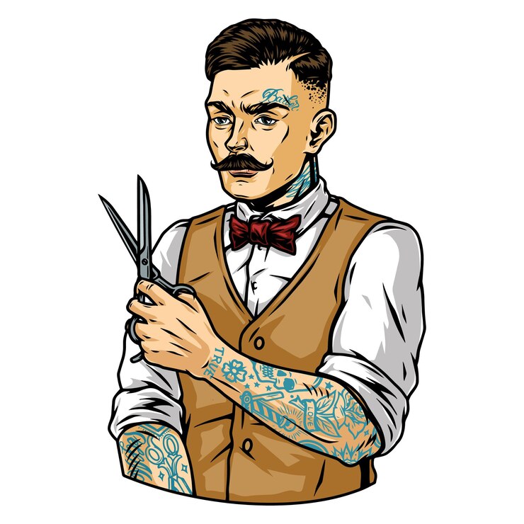 Vecteur coiffeur tatoué à la moustache à la mode avec des ciseaux en illustration vectorielle isolée de style vintage