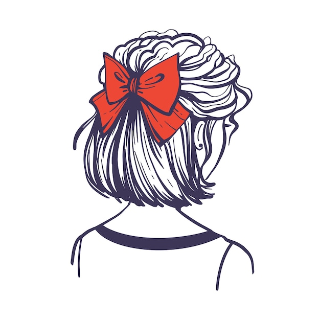 Vecteur coiffure à la mode avec un arc de cheveux roux. coiffure féminine mignonne avec accessoire de cheveux. vue arrière. illustration vectorielle dessinés à la main dans un style doodle isolé sur fond blanc.