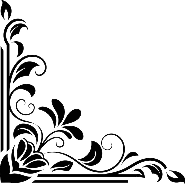 Vecteur un coin décoratif noir et blanc avec des fleurs et des tourbillons