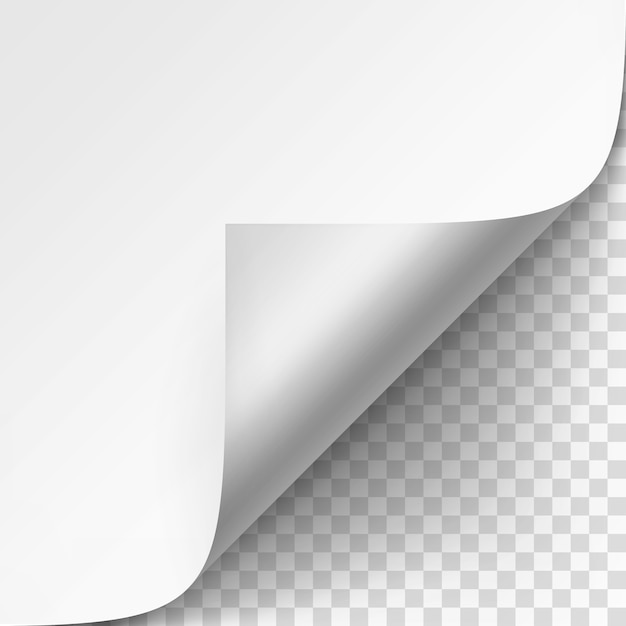 Vecteur coin recourbé de papier blanc avec ombre close up isolé sur fond transparent