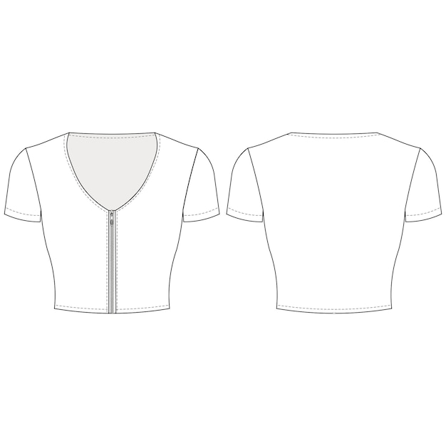 Vecteur col à fermeture à glissière en v, manches courtes, corps serré, blouse élastique, tee-top, modèle de dessin technique, sk plat