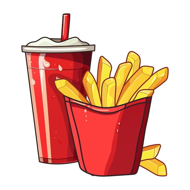 Cola et frites Coke boisson froide avec de la glace dans une tasse rouge avec couvercle et chips frites en paille dans une boîte en carton rouge gouttes de condensat sur la tasse Restauration rapide à emporter Petite portion