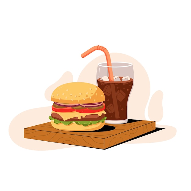 Cola en verre et burger sur planche de bois isolé sur blanc Illustration vectorielle tendance