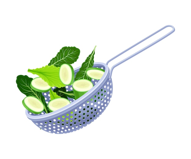 Vecteur colander de cuisine ou tamis en acier inoxydable avec du concombre tranché et de la verdure à l'intérieur illustration vectorielle