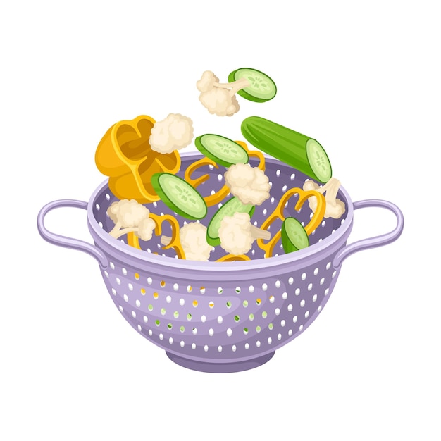 Vecteur colander de cuisine ou tamis en acier inoxydable avec des légumes tranchés à l'intérieur illustration vectorielle