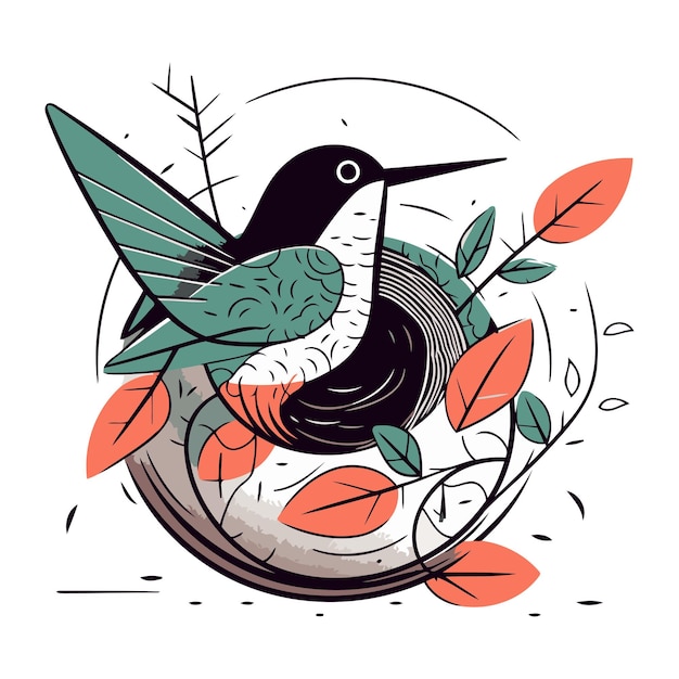 Vecteur colibri avec des feuilles en forme de cercle illustration vectorielle