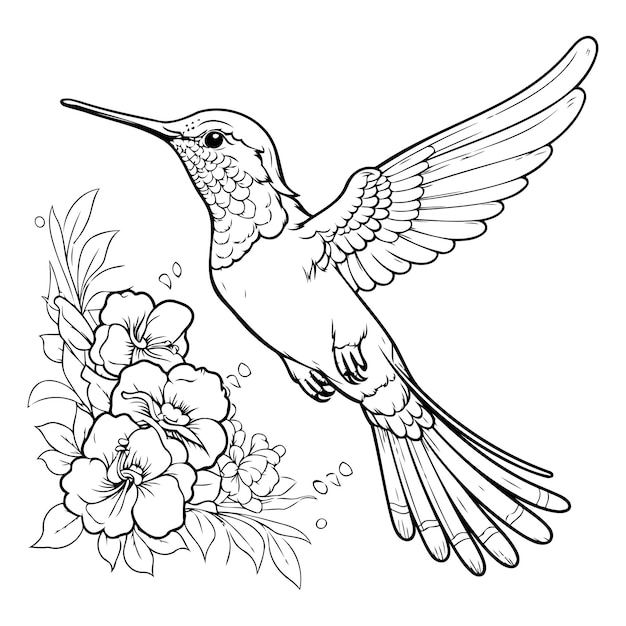 Vecteur colibri avec des fleurs page de livre à colorier pour adultes et enfants