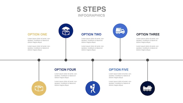 Colis Courrier Navire Par Mer Colis Assurance Livraison Express Icônes Modèle De Conception De Mise En Page De Chronologie Infographique Concept De Présentation Créative Avec 5 étapes