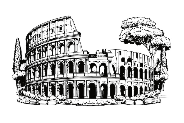 Colisée Rome Italie Couleur Noire Dans Le Style De Croquis Illustration Vectorielle