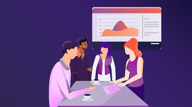 Collaboration en équipe dans un bureau moderne avec présentation et analyse de données