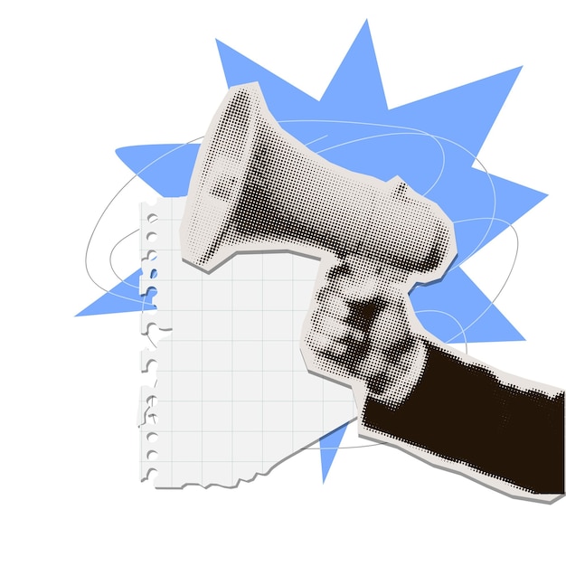 Collage à demi-ton mâle tenant un haut-parleur nouveauté concept ou annonce de vente avec résumé