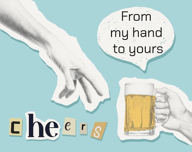 Un collage drôle dans le style rétro une main tendant et une main partageant une bière de ma main à la tienne