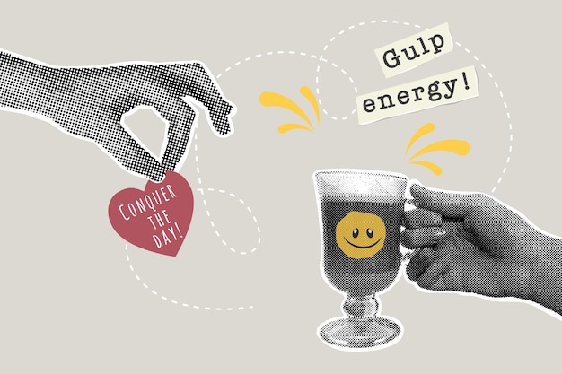 Collage halftone moderne Concept de café du matin Une gorgée d'énergie Obtenez de l'énergie pour toute la journée