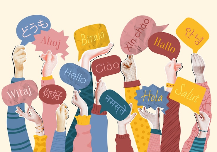 Vecteur collage de langues internationales école de langues médias mixtes foule de mains levées tenant des bulles de parole avec des salutations dans plusieurs langues illustration vectorielle de communication mondiale
