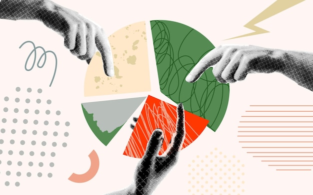 Collage avec des mains à demi-tones prenant des morceaux de diagrammes multicolores Données commerciales et parts de marché