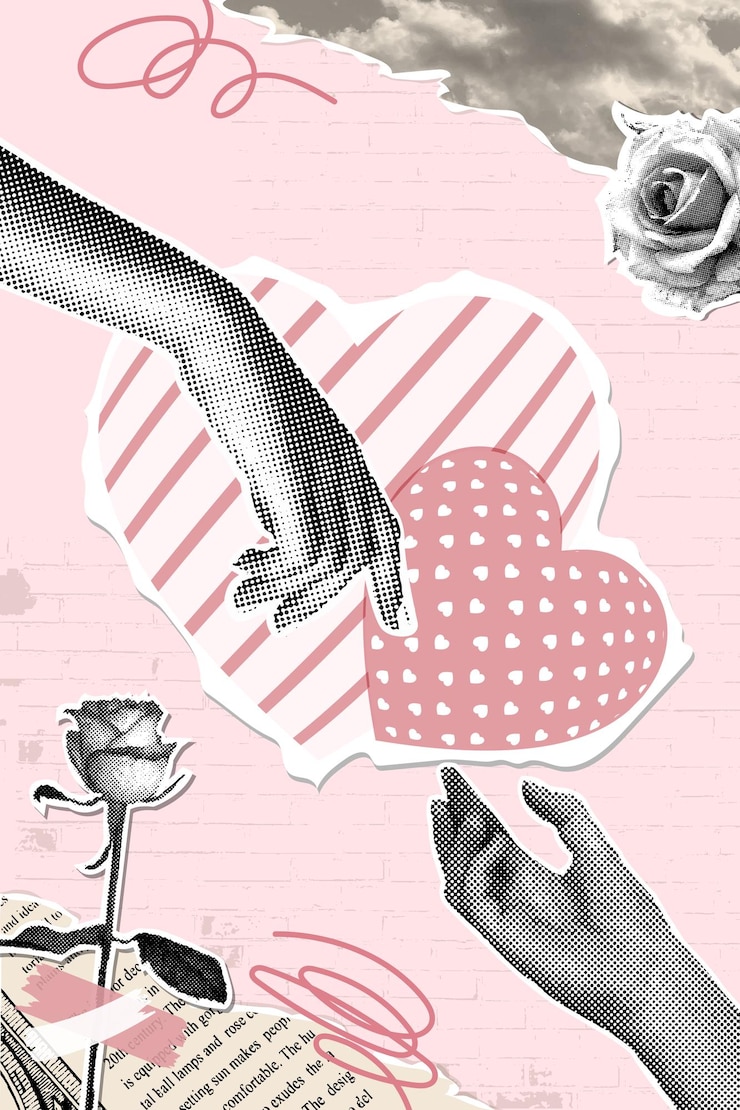 Vecteur collage à la mode en demi-ton papier tourné vieux journal et photo mains s'étendant l'une vers l'autre sur les cœurs