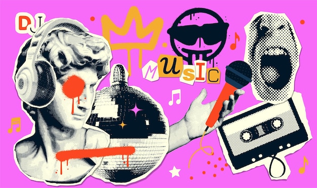Un collage à la mode d'éléments à demi-ton s'assemble s musique rétro nostalgie yk autocollants en papier avec antiquités