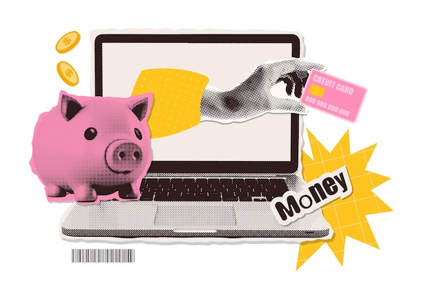 Collage à La Mode Avec Une Métaphore De Paiement En Ligne, Une Main Qui Sort De L'écran De L'ordinateur Portable Avec Un Cochon.