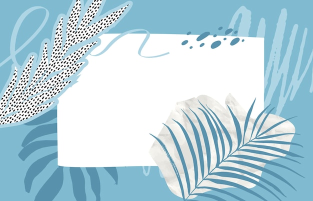 Collage moderne avec des feuilles tropicales, des coups de pinceau bleu pastel et des taches. Espace de copie vierge encadrée horizontalement. Composition de conception de papier froissé et de feuille de fronde.