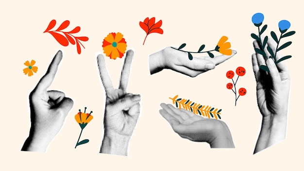 Collage rétro avec différentes fleurs d'été et de printemps Illustration vectorielle