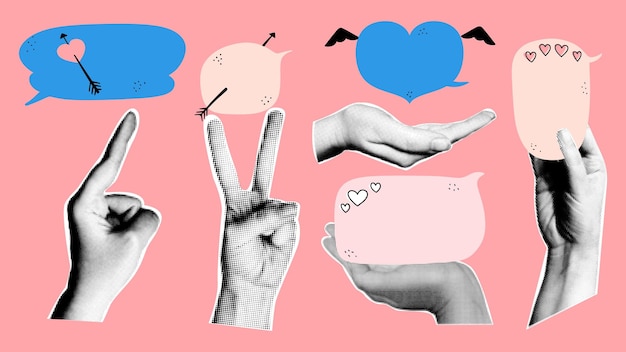 Collage romantique avec des bulles de parole pour la fête de la Saint-Valentin Vector collage rétro demi-ton
