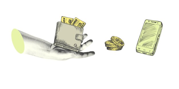 Collage avec une statue de main de style halfton Minimalistes paiements en ligne concept métaphore finance thème Idée pour la composition de bannière avec des pièces de portefeuille et smartphone découpes magazine illustration vectorielle