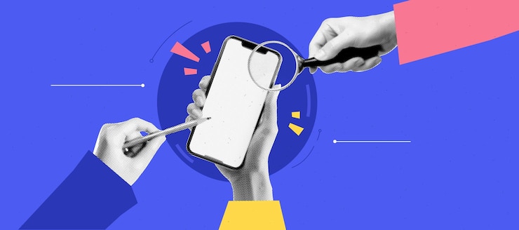 Vecteur un collage sur le thème du développement de la conception d'applications mains avec téléphone et crayon et grossissement