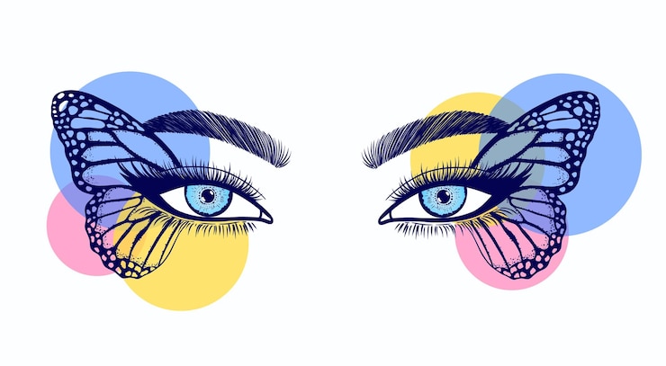 Vecteur collage avec des yeux féminins décorés d'ailes de papillon et de cercles de couleurs