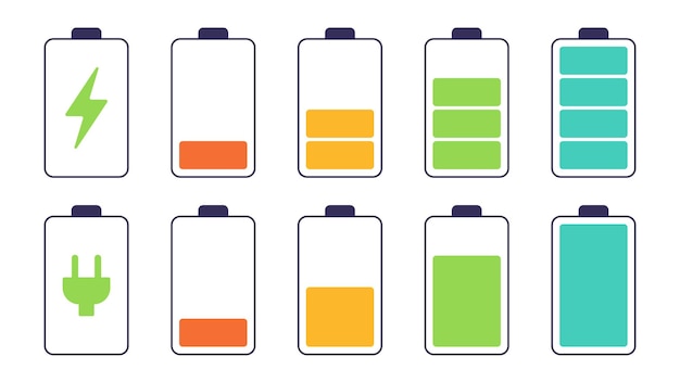 Collecte de différentes charges de batterie Indicateurs sur fond blanc Signs de charge de la batterie