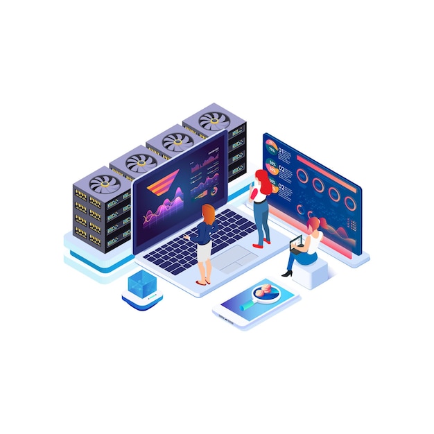 Vecteur collecte de données isométriques, graphique d'analyse et informatique en ligne.