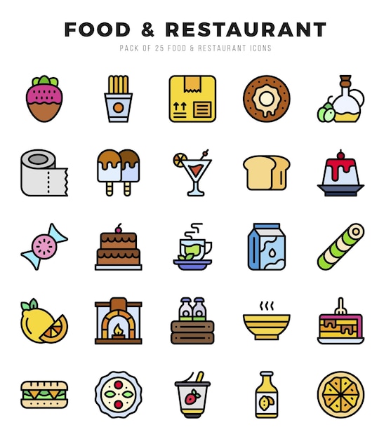 Collecte d'icônes de couleurs linéaires de nourriture et de restaurant 25 jeux d'icône illustration vectorielle