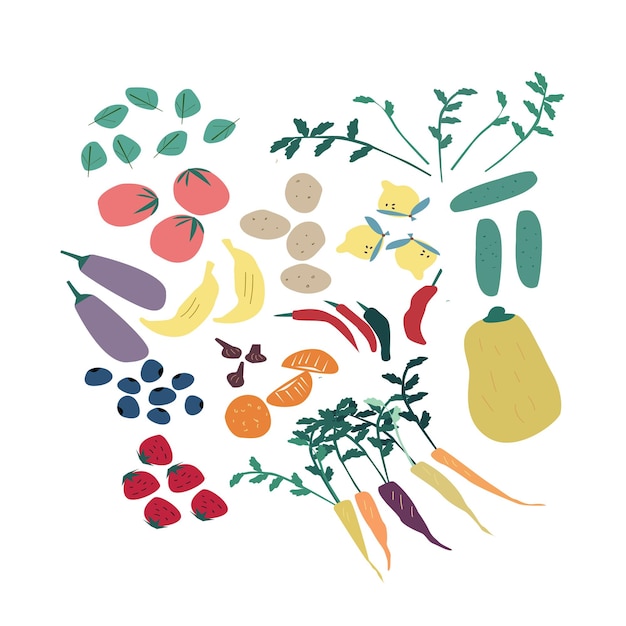 Collecte De Légumes Et De Fruits. Illustration Vectorielle.