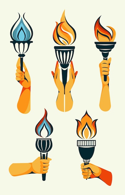 Collecte Des Mains Avec Une Torche Enflammée Flamme De Torche En Flamme Dans La Main Symbole De La Compétition De Relais