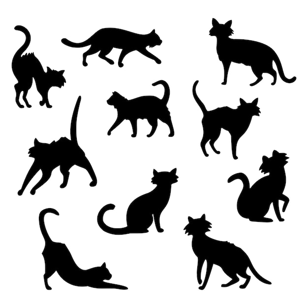 Collection De 10 Chats Noirs D'halloween Sur Fond Blanc Vector