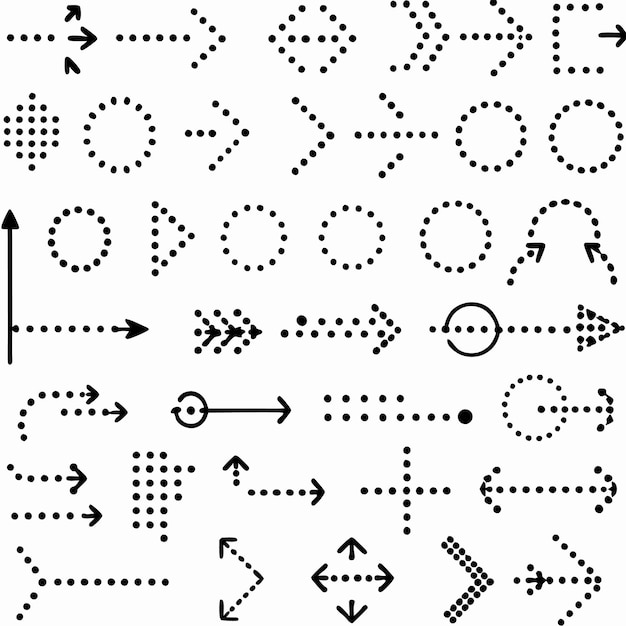 Une collection de 32 flèches ponctuées noires et des cercles sur un fond blanc
