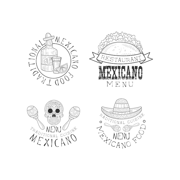Collection de 4 logos de style croquis pour les restaurants de cuisine mexicaine traditionnelle emblèmes monochromes avec crâne de tacos de bouteille de tequila et chapeau sombrero avec maracas illustrations vectorielles isolées